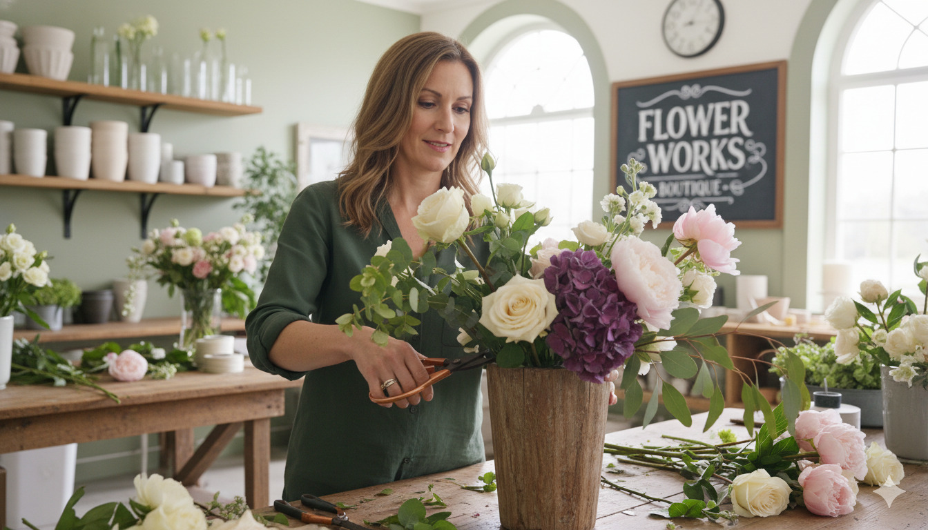 Floral designer arranging beautiful flowers